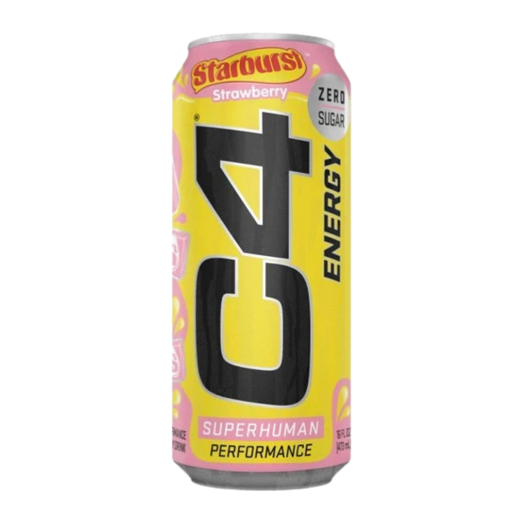 C4 Energy Strawberry Starburst Superhuman Performance 16oz can with vibrant strawberry and starburst flavor design.