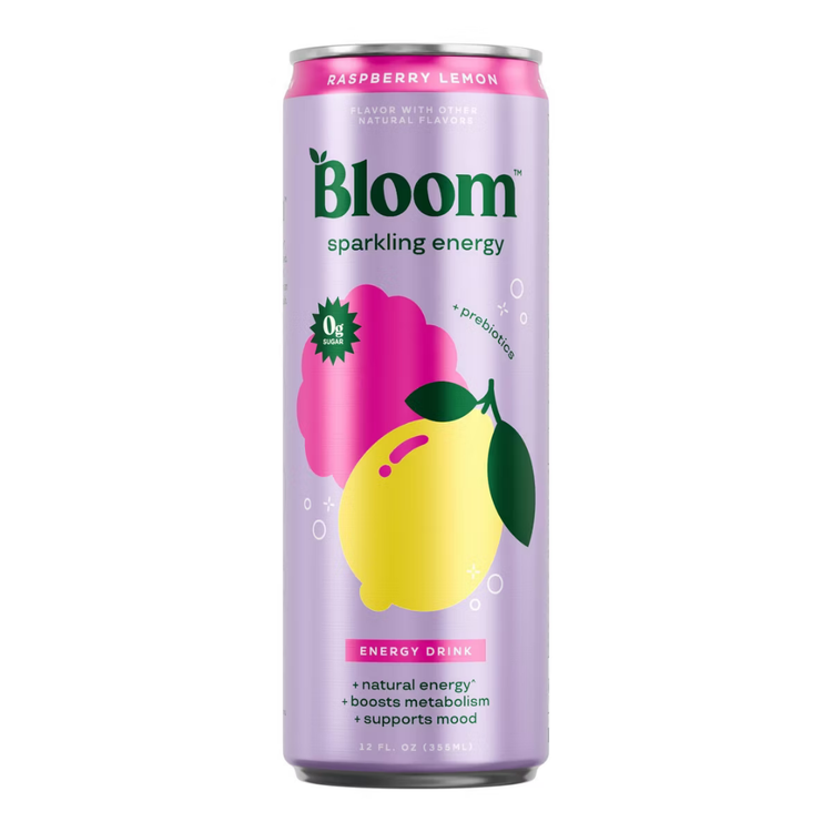 Bloom Nutrition sparkling energy drink with raspberry and lemon flavor in a 12 fl oz can, featuring vibrant fruit imagery.