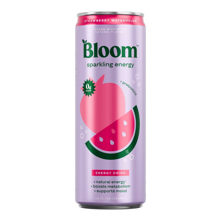 Bloom Nutrition Sparkling Energy Drink in Strawberry Watermelon flavor, 12 fl oz can with bright label design.