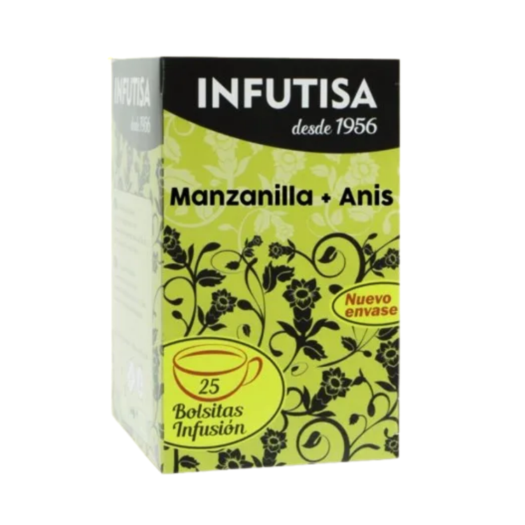Infutisa Manzanilla con Anís herbal tea in 25-count box, natural remedy for stomach relief, by Farmacias Savia.