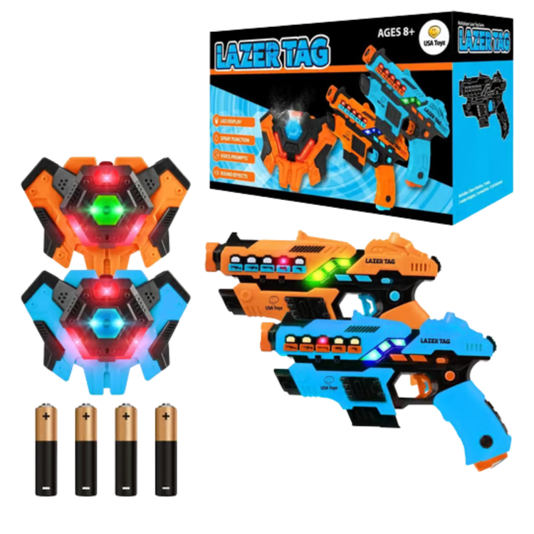 Farmacias Savia laser tag guns set with two toy laser blasters for kids aged 8 and up, featuring colorful design and safety features.