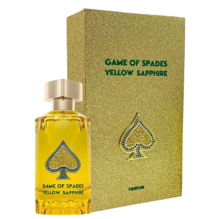Unisex Game of Spades Yellow Sapphire parfum bottle from Farmacias Savia, 3.4oz, with a sleek yellow and silver design.