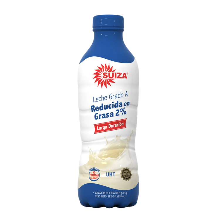Farmacias Savia Suiza Long Shelf Life UHT 2% Reduced Fat Milk 28oz bottle with blue cap and label