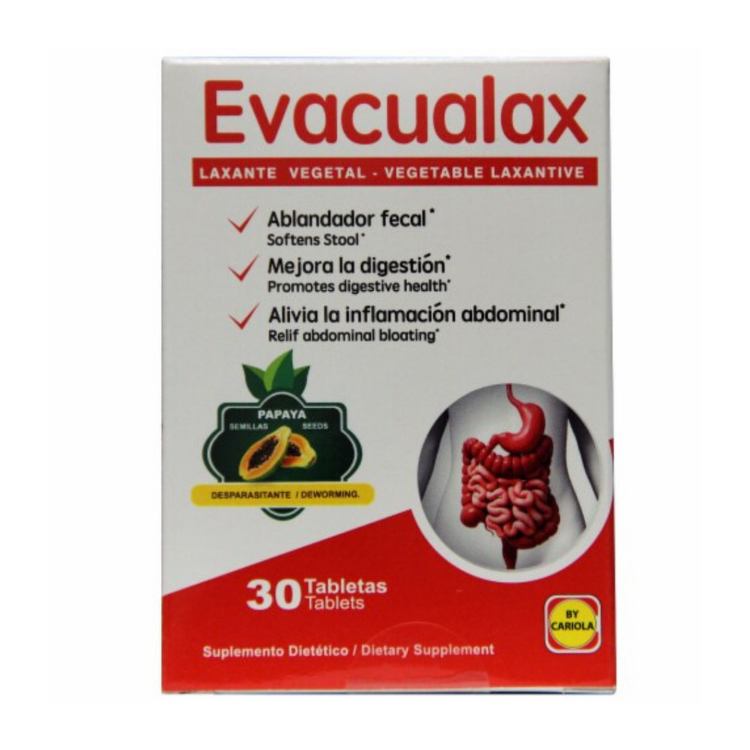 Evacualax Natural Laxative Capsules by Farmacias Savia, 30-count bottle, showing the capsule container and label.