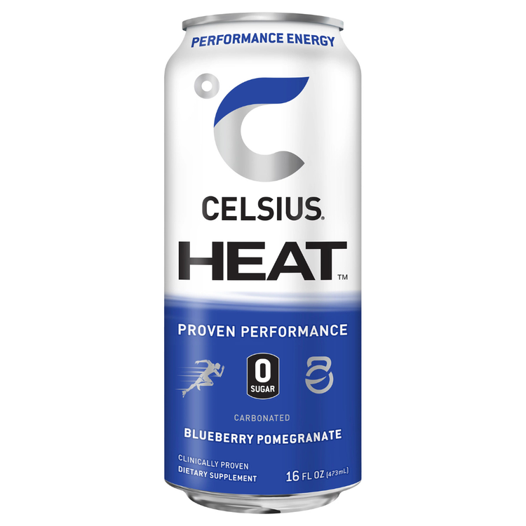Blueberry pomegranate Celsius Heat energy drink in 16oz can with vibrant blue and purple design, showing the product label.