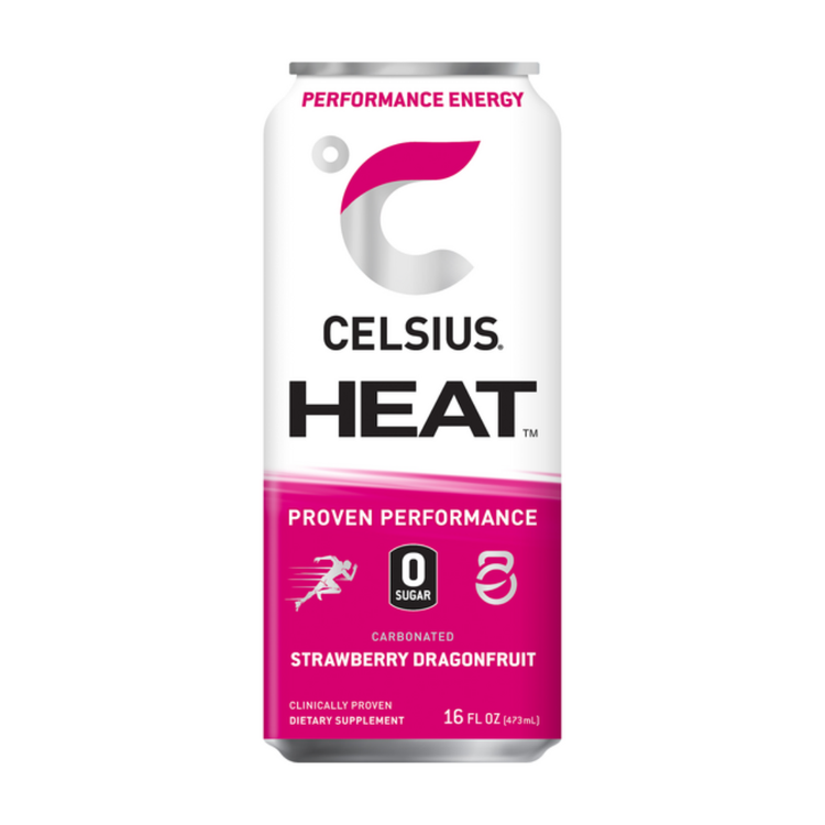 16oz Celsius Heat Strawberry Dragonfruit energy drink can with vibrant red and pink flavor graphics, featuring the Farmacias Savia branding.