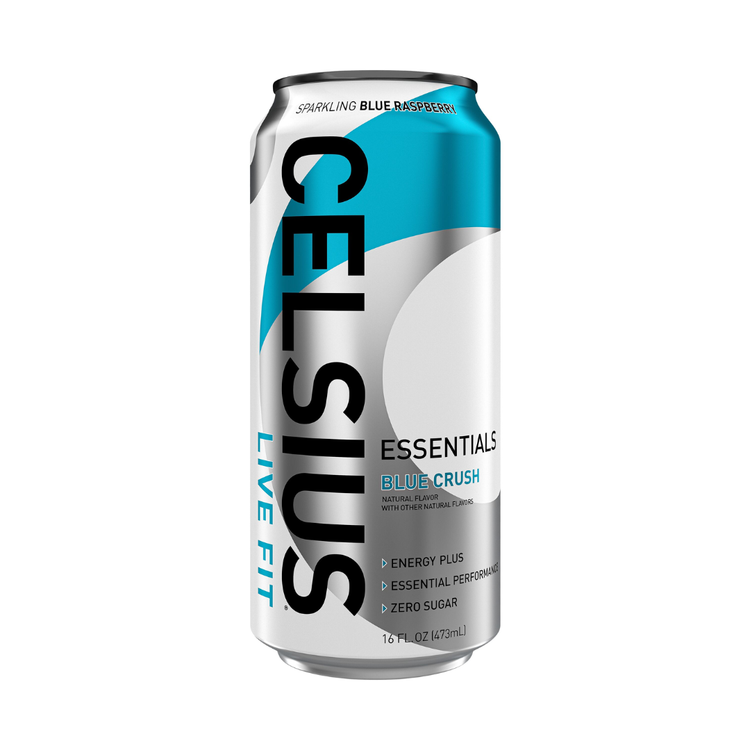 Celsius Essentials Blue Crush sparkling beverage with blue raspberry flavor in a 16oz can, from Farmacias Savia.