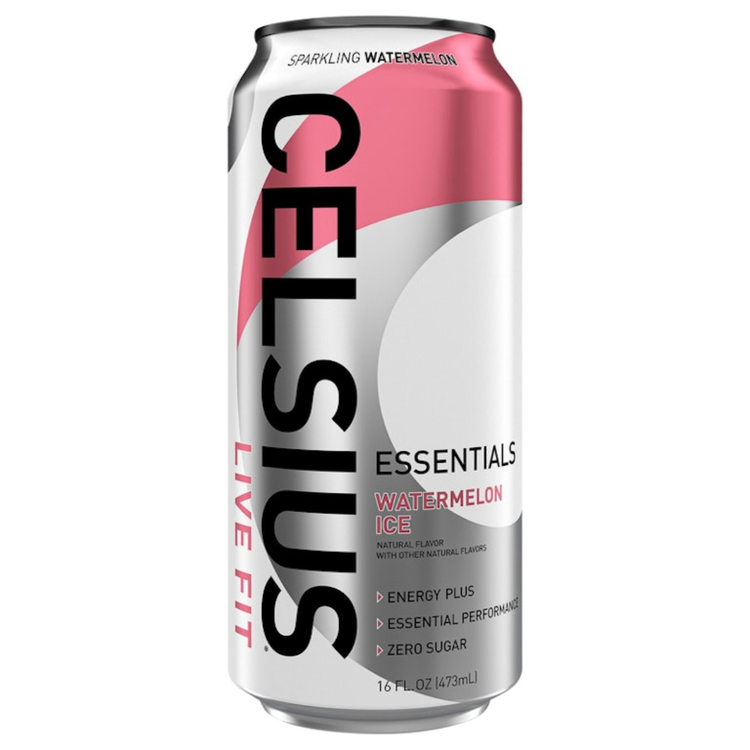 16oz Celsius Essentials Watermelon Ice sparkling energy drink can with watermelon graphic and vibrant design.