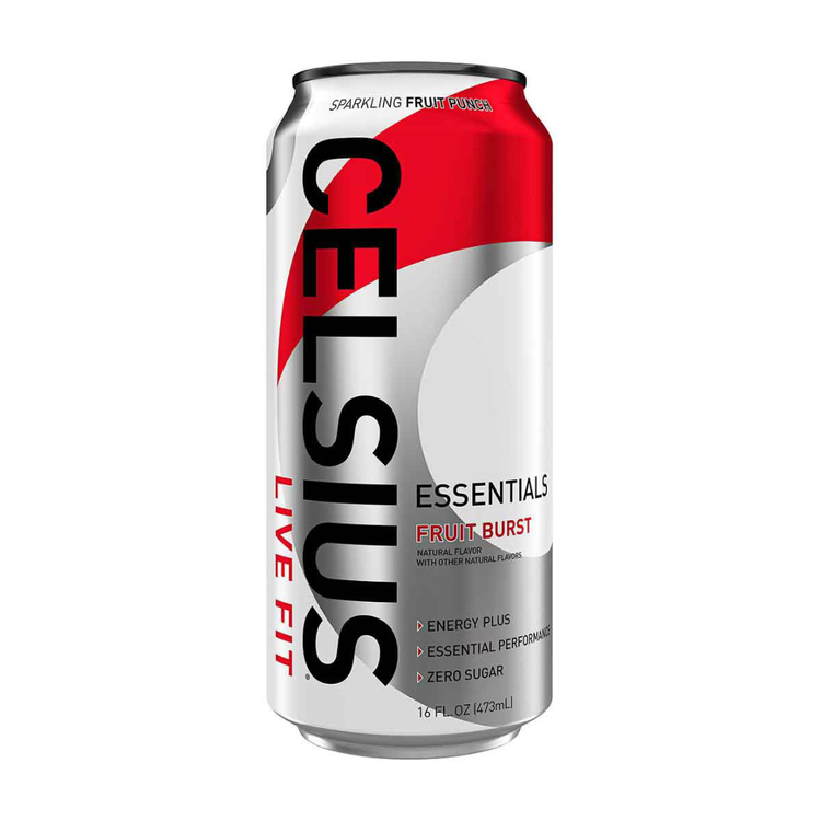Celsius Essentials Fruit Burst Sparkling Energy Drink 16oz can with vibrant fruit graphics and bold branding.