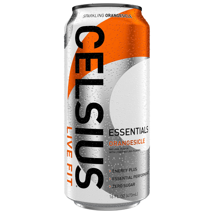 Celsius Essentials Orangesicle sparkling energy drink in a 16oz can with bright orange and white label design.