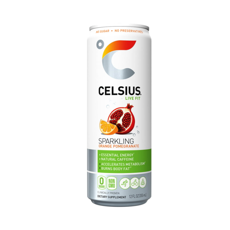 Celsius Live Fit Sparkling Orange Pomegranate energy drink in 12oz can with vibrant orange and pomegranate design.