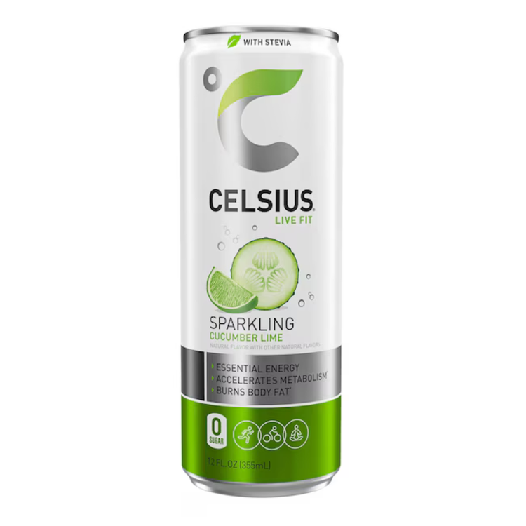 Celsius Live Fit Natural Sparkling Cucumber Lime Energy Drink with Stevia in 12oz can, featuring fresh cucumber and lime flavor.