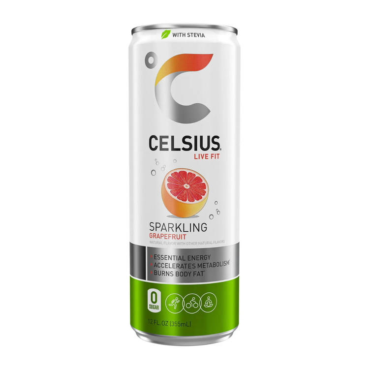Celsius Live Fit natural sparkling grapefruit energy drink with stevia in a 12oz can, showing vibrant grapefruit flavor and brand logo