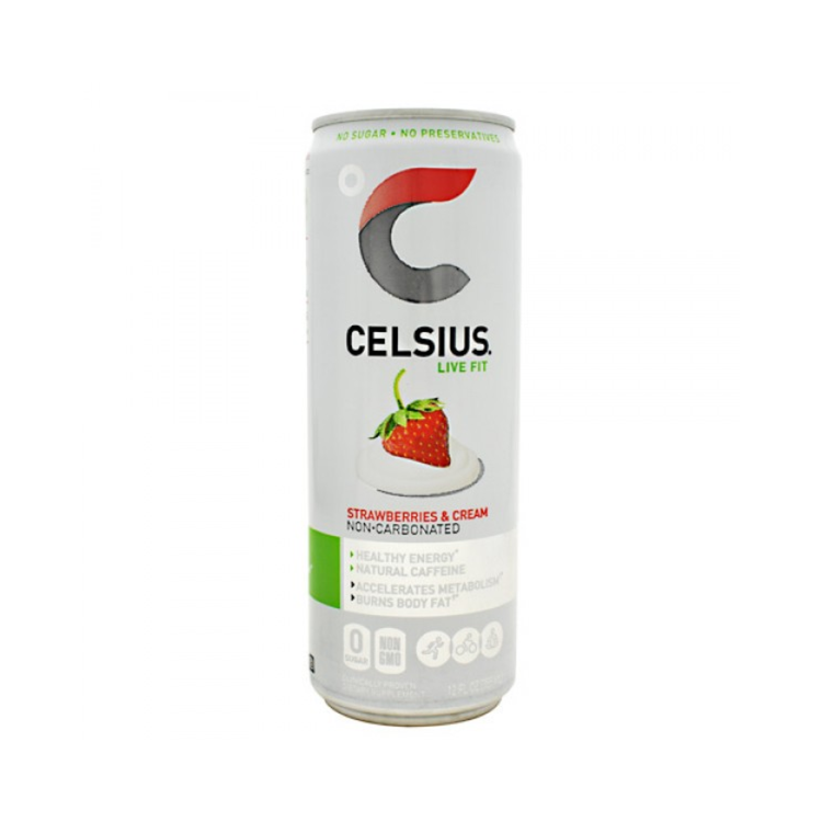 Celsius Live Fit Strawberries & Cream natural energy drink in a 12oz can, featuring fresh strawberry and creamy flavor branding.