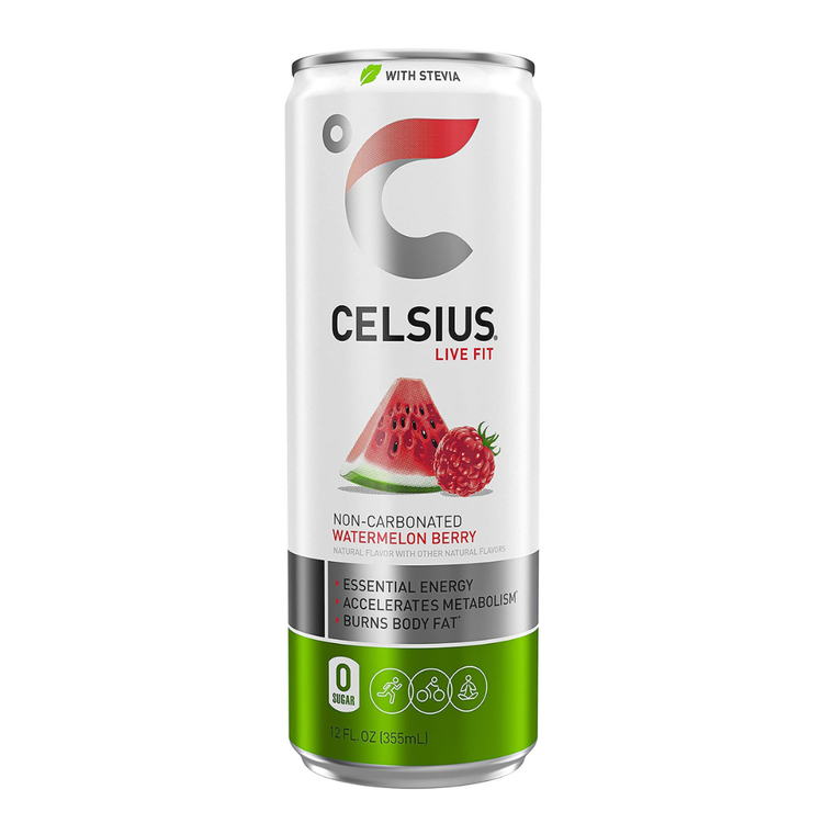 Celsius Live Fit Natural Watermelon Berry non-carbonated energy drink in a 12oz can with colorful label and fruit illustrations