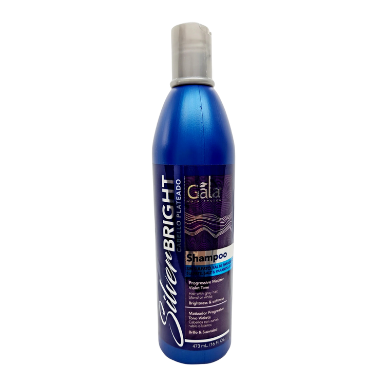 Farmacias Savia Gala Silver Bright Cabello shampoo bottle in silver and purple packaging, 16 oz size.