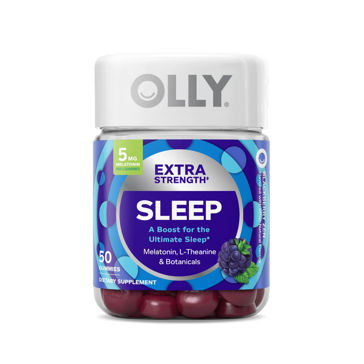 Olly Extra Strength Sleep Melatonin and L-Theanine Gummies in a 50-count bottle, designed to promote restful sleep.