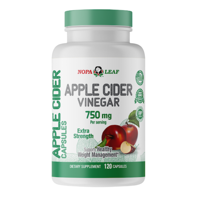 Nopa Leaf Apple Cider Vinegar extra strength 750mg supplement bottles with label showing 120 capsules from Farmacias Savia