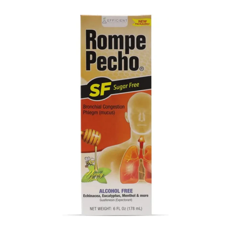 Farmacias Savia Rompe Pecho SF sugar-free bronchial congestion relief syrup bottle, 6 oz, for cough and respiratory support.