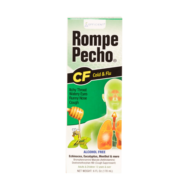 Farmacias Savia Rompe Pecho CF Cold & Flu Syrup in a 6oz bottle, with a label showing medicinal ingredients and branding.
