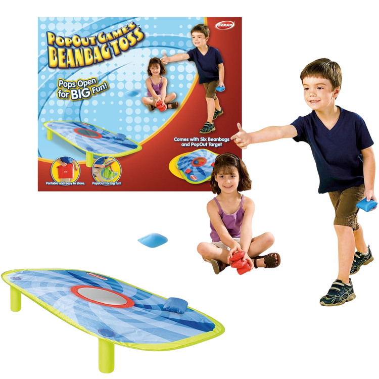 Farmacias Savia PopOut Bean Bag Toss Game for ages 4 and up, featuring colorful game setup with bean bags and target board.