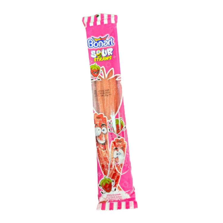 Bonart Strawberry Sour Straws gummy candy by Farmacias Savia, 5.3oz, showing red strawberry-flavored sour candy straws.