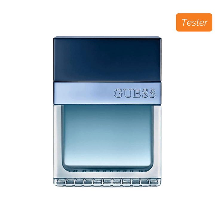Guess Seductive Homme Blue perfume tester bottle, 3.4oz, featuring sleek blue glass and silver accents.