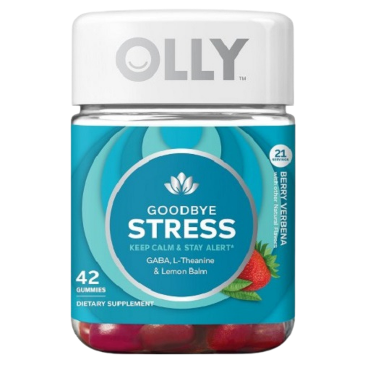 Olly Goodbye Stress GABA and L-Theanine supplement, 42 gummies in a clear container, designed to promote relaxation and reduce stress.