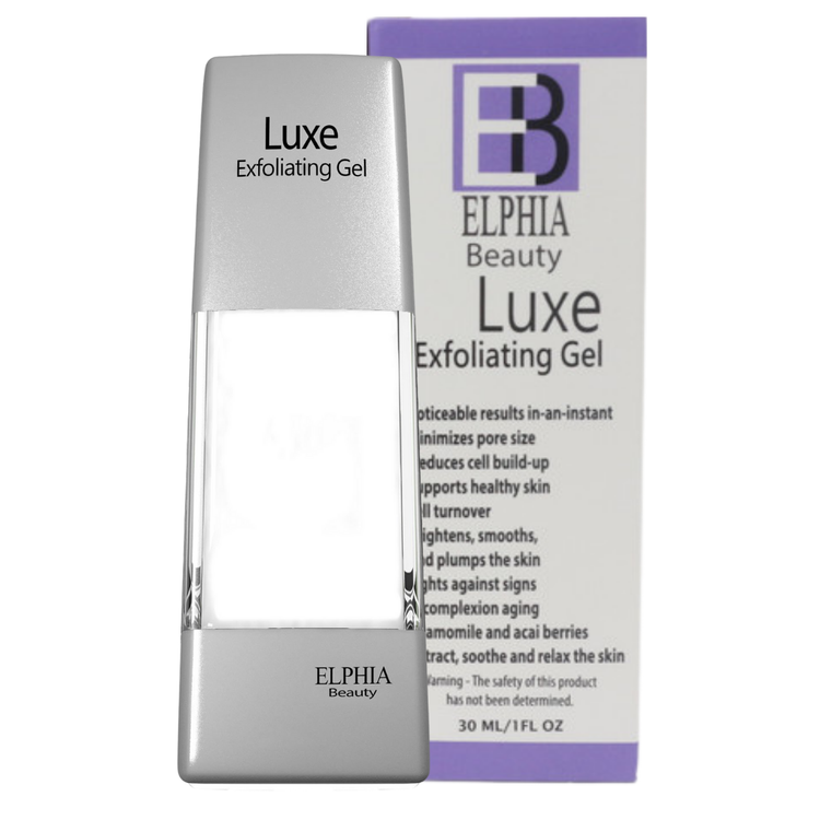 Elphia Beauty Luxe Exfoliating Gel with acai and chamomile in 1oz tube, featuring a clear gel with natural ingredients.
