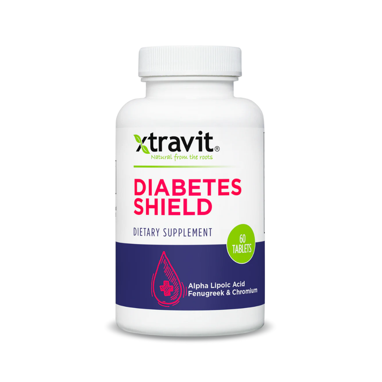 Xtravit Diabetes Shield supplement with alpha lipoic acid and chromium, 60 tablets, for blood sugar support and overall health.