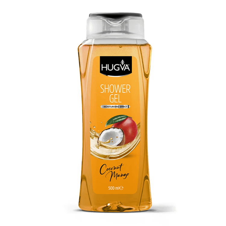 Hugva Coconut Mango shower gel in 500ml bottle, with tropical coconut and mango scent, from Farmacias Savia.