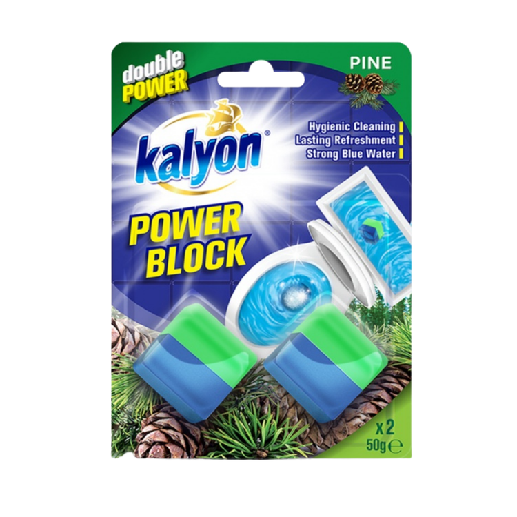 Kalyon Power Block Pine Scent toilet rim block by Farmacias Savia, two 50g pine-scented toilet freshening blocks.