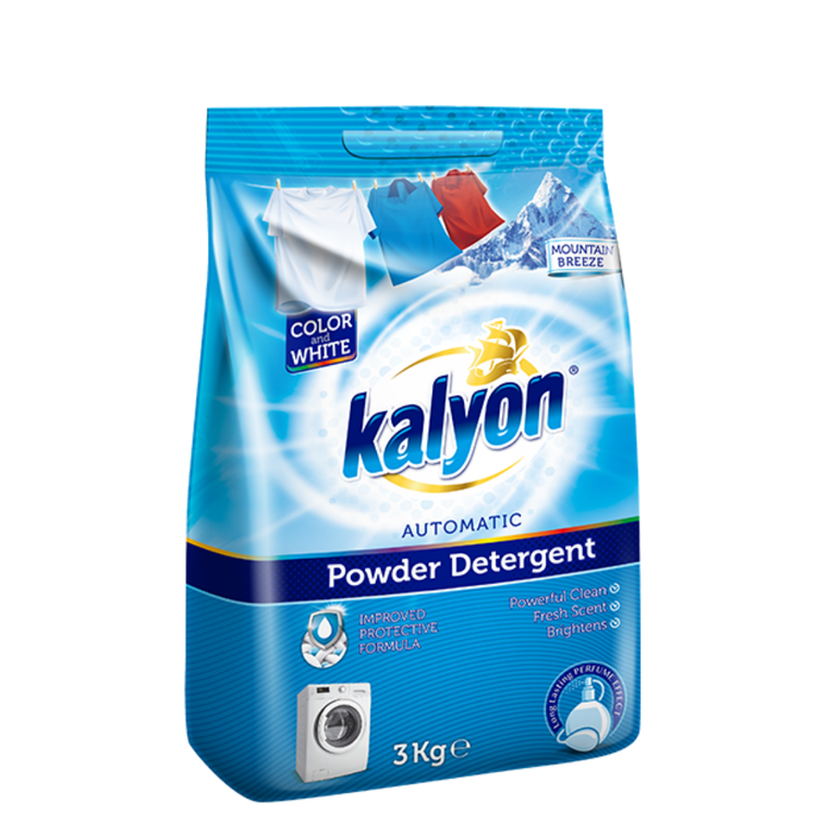 Kalyon Automat Powder Detergent Mountain Breeze Blue 750g for laundry, in a blue package with mountain imagery