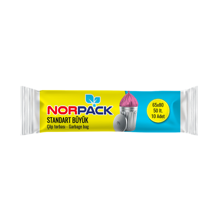 Farmacias Savia Norpack 50L garbage bag for home use, showing a durable black plastic trash bag with a rolled edge.