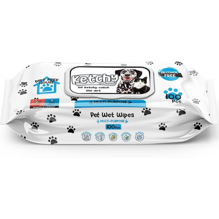 Farmacias Savia Ketchy multi-purpose pet wet wipes for cleaning and grooming pets, shown in a pack of 100 wipes.
