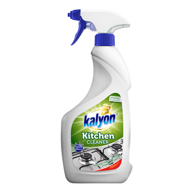 Kalyon Kitchen Spray 750ml multi-use detergent from Farmacias Savia, in a clear spray bottle with a green label.