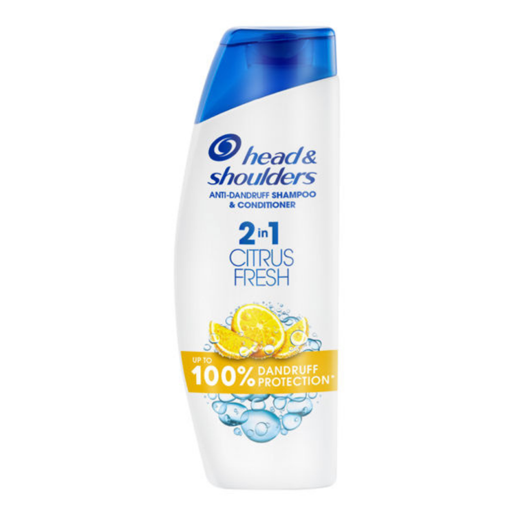Head & Shoulders Citrus Breeze 2-in-1 shampoo and conditioner bottle with citrus fruit imagery and brand logo visible.