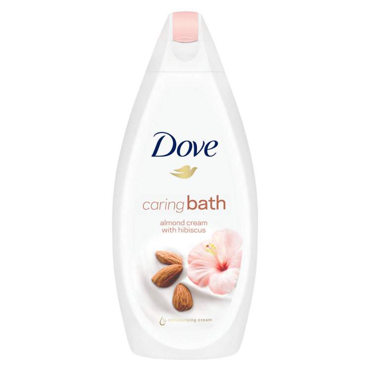 Dove Caring Bath Almond Cream with Hibiscus bottle showing almond and hibiscus ingredients, 15.2oz, natural moisturizing formula.