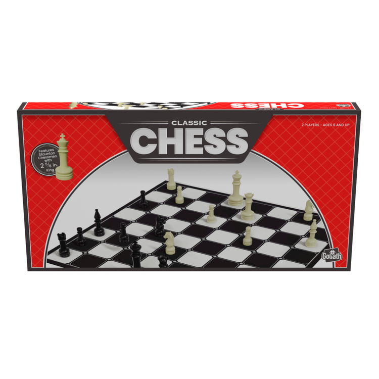 Farmacias Savia Goliath Classic Chess Strategy Board Game Set with Staunton style chess pieces on wooden board.