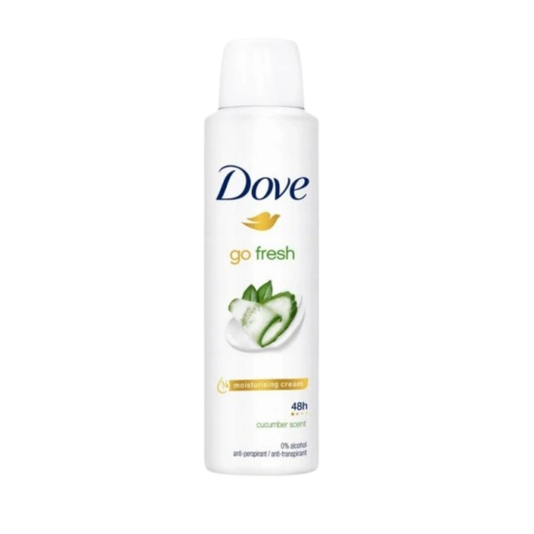Dove Go Fresh cucumber scent anti-perspirant deodorant spray in a 200ml bottle, shown with green cucumber imagery.