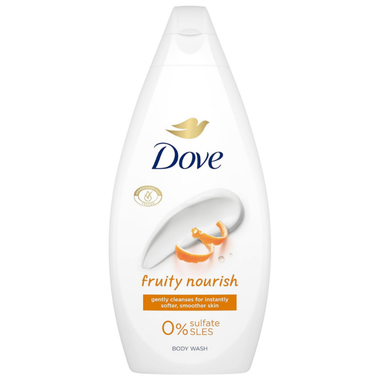 Dove Fruity Nourish Body Wash in a 15.2oz bottle with a colorful label, designed for nourishing and refreshing skin.