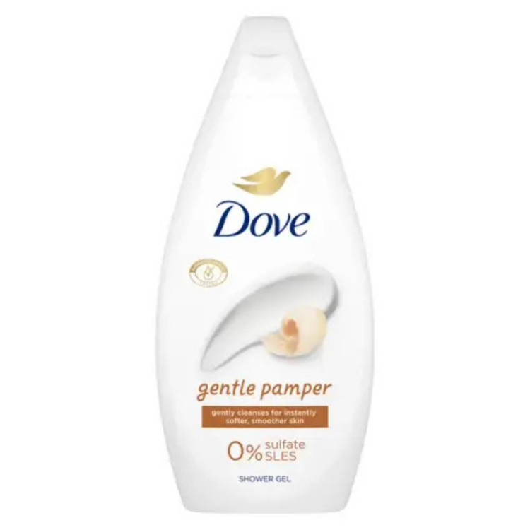 Dove Gentle Pamper Shea Butter & Vanilla Body Wash bottle, 15.2oz, with creamy texture and vanilla scent, on a white background.