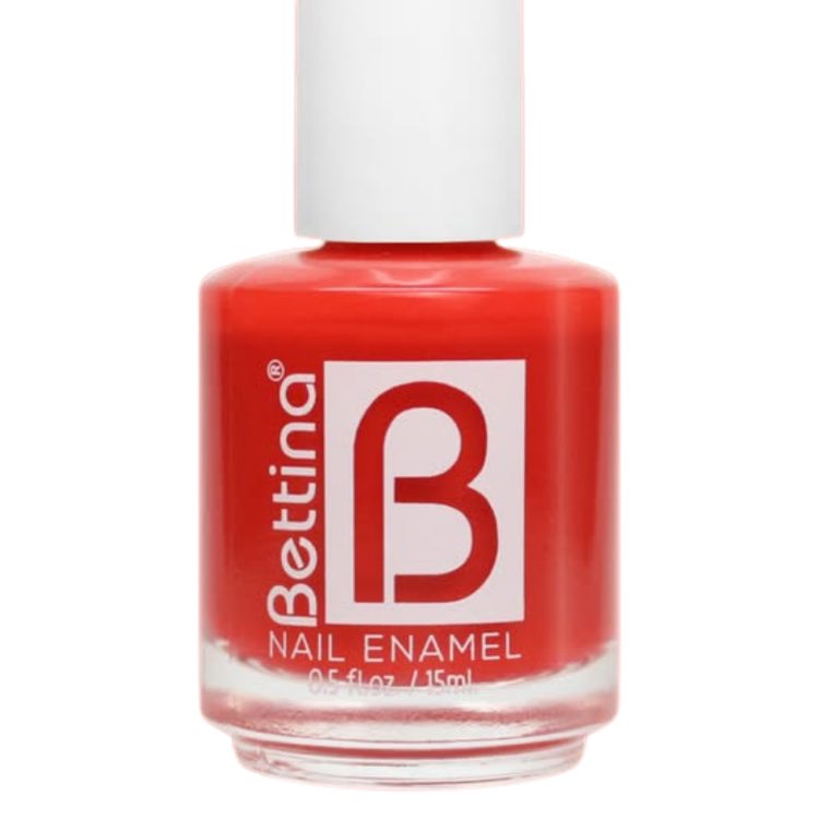 Bettina Flame Nail Polish from Farmacias Savia, 0.5oz, bright orange-red color with glossy finish, cosmetic product for manicures.