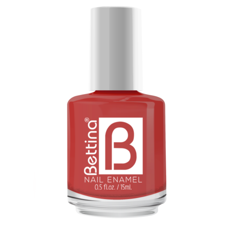 Bright orange Esmalte Bettina Vibrant nail polish from Farmacias Savia displayed in a 0.5oz bottle, with colorful packaging in the background.