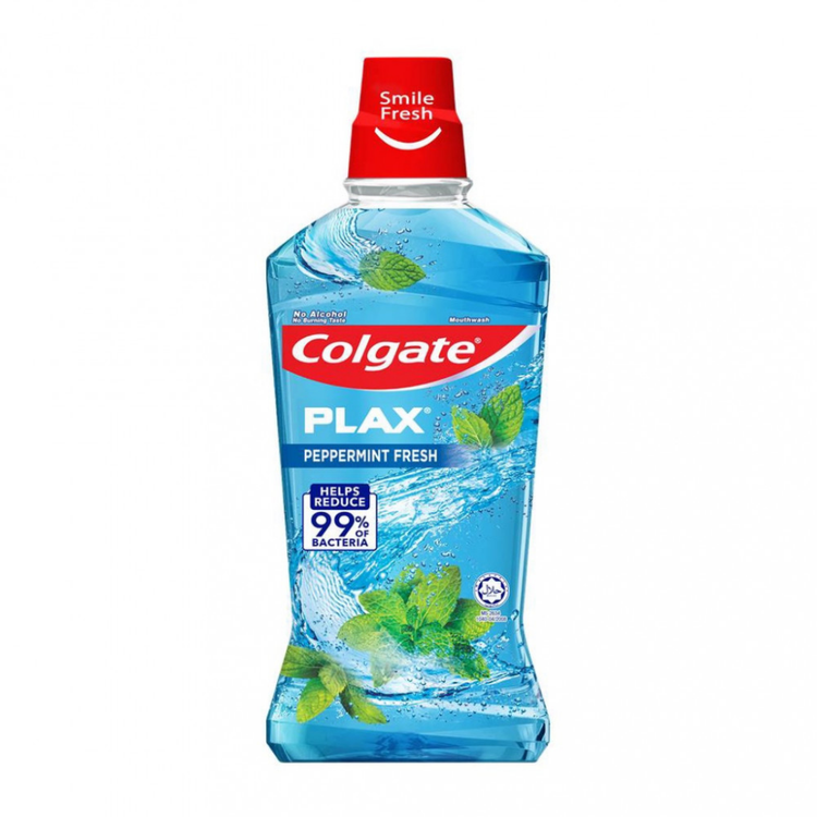 Colgate Plax Peppermint Fresh alcohol-free mouthwash bottle, 25.4 oz, with mint flavor and clear label showing product branding.