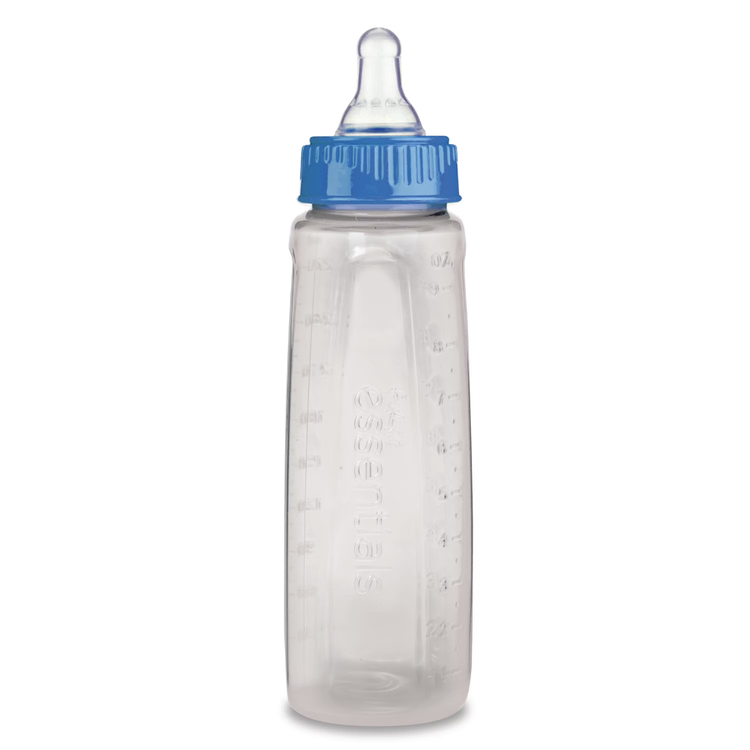 Farmacias Savia Nuk First Essential clear 9 oz baby bottle with medium flow nipple, transparent plastic, and ergonomic design.