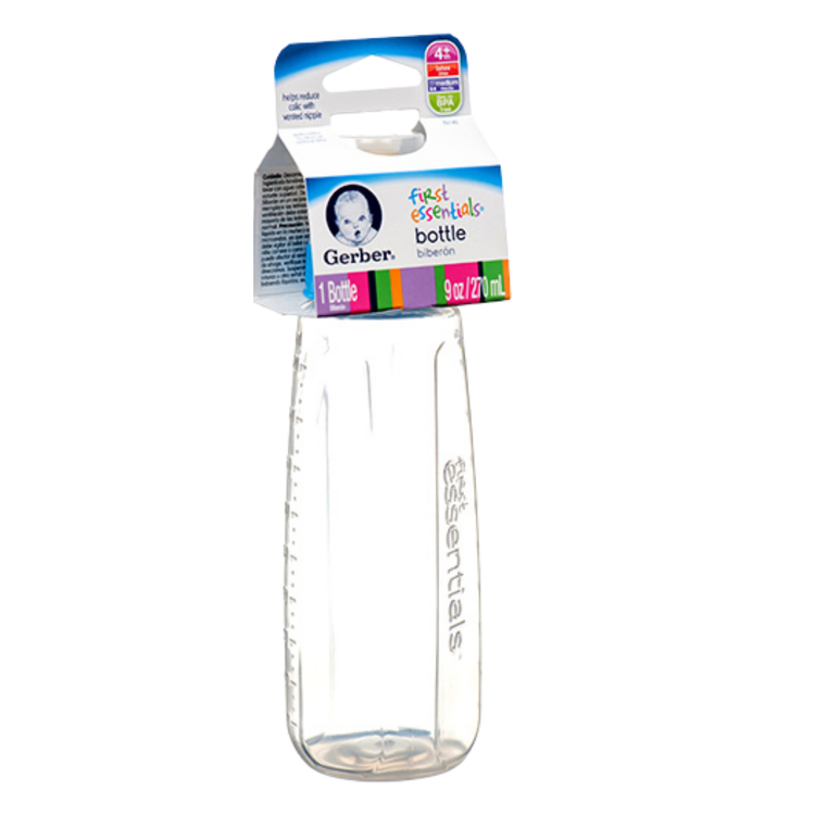 Gerber First Essentials clear 9oz baby bottle with vented nipple, designed for infants, with measurement markings and ergonomic shape.