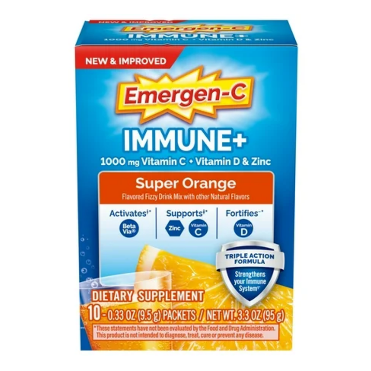 Emergenc-C Immune+ Triple Action Super Orange vitamin supplement box with 10 packets, featuring orange flavor and immune support.