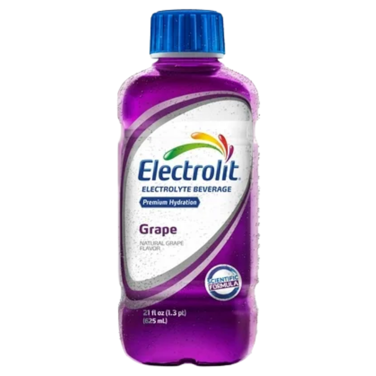 Electrolit Grape hydration beverage in a 21oz bottle with purple label, designed for replenishing electrolytes.