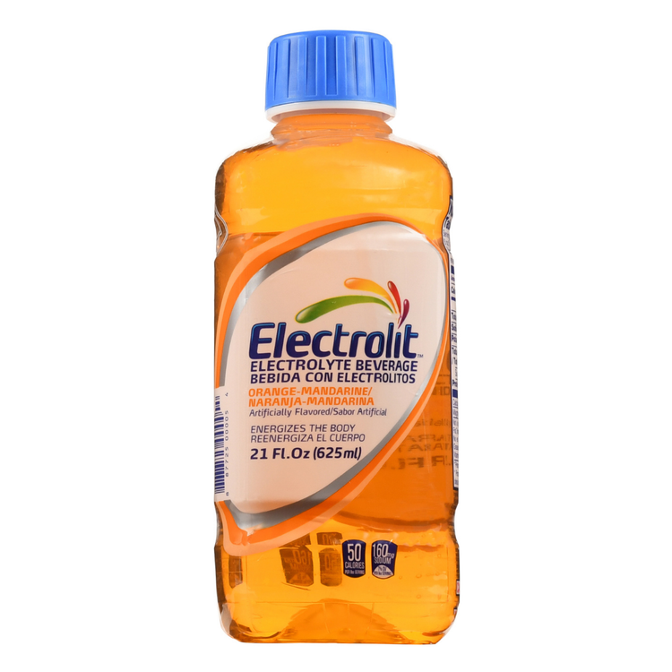 Electrolit Orange electrolyte drink in a 21oz bottle with bright orange label and cap, designed for hydration and replenishment.